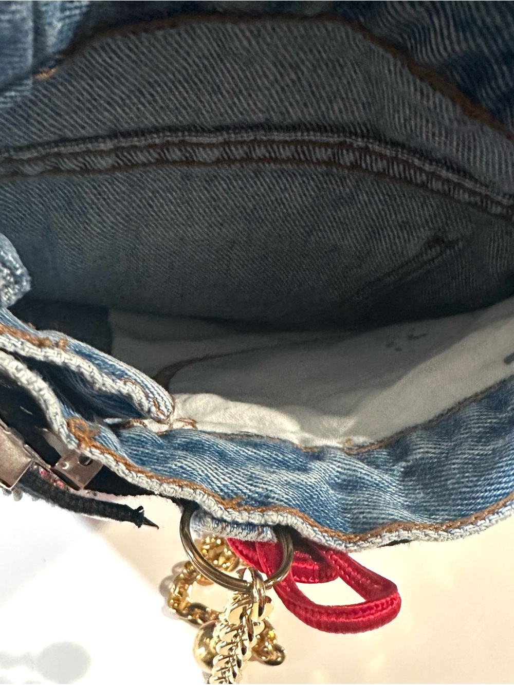 Jeans Denim Crossbody Bag with Embroidered Pocket Gold Chain - Custom Made Y2K - Picture 7 of 15